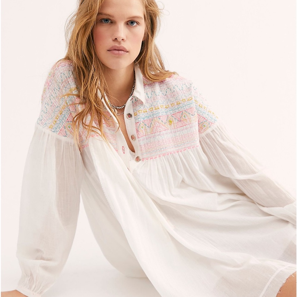 FREE PEOPLE ANNA MARIE EMBROIDERED BUTTON FRONT LONG SLEEVE TUNIC SHIRTDRESS - Picture 11 of 12